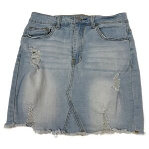 Denim Blvd Y2K Distressed Denim Mini Skirt S Light Wash Raw Hem Festival Stretch